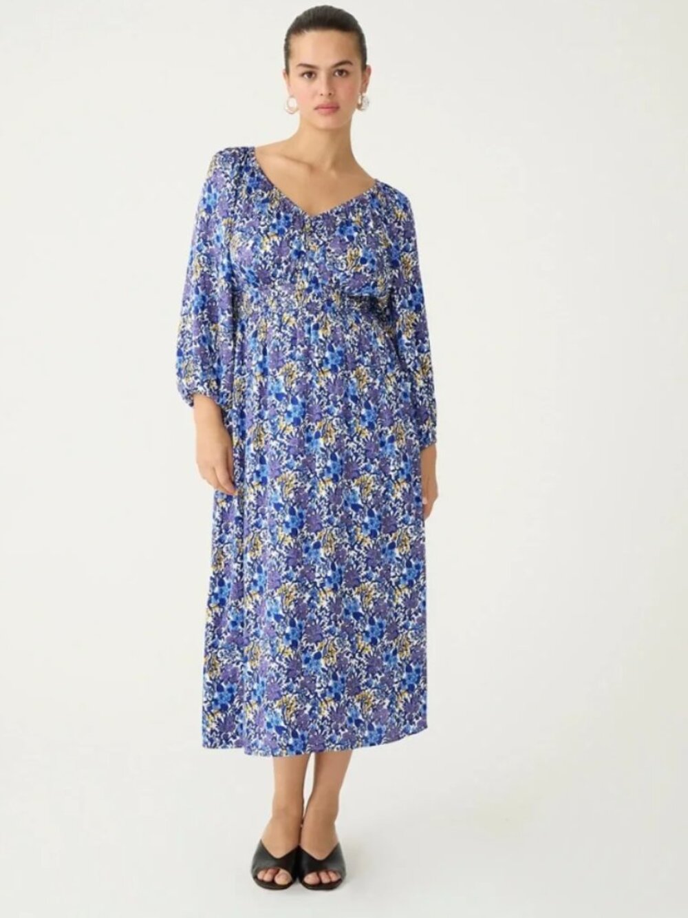 J. Crew V-neck Midi Dress in Fête Floral Print Blue Satin Long Sleeves Medium